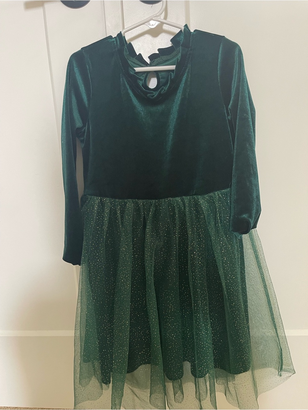 Girls Dark Green Velvet & Glitter Tulle Dress